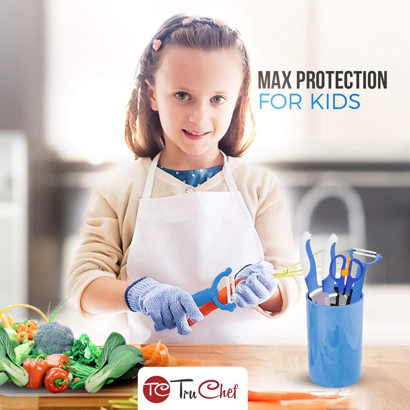 TruChef Kids Cut Resistant Gloves (Ages 4-8) | Level 5 Safety Gloves for Cooking, Gardening, Whittling | Real Kitchen Protection for Junior Chefs â€“ Easy Care, Kids Friendly (Blue, Small) - Image 3